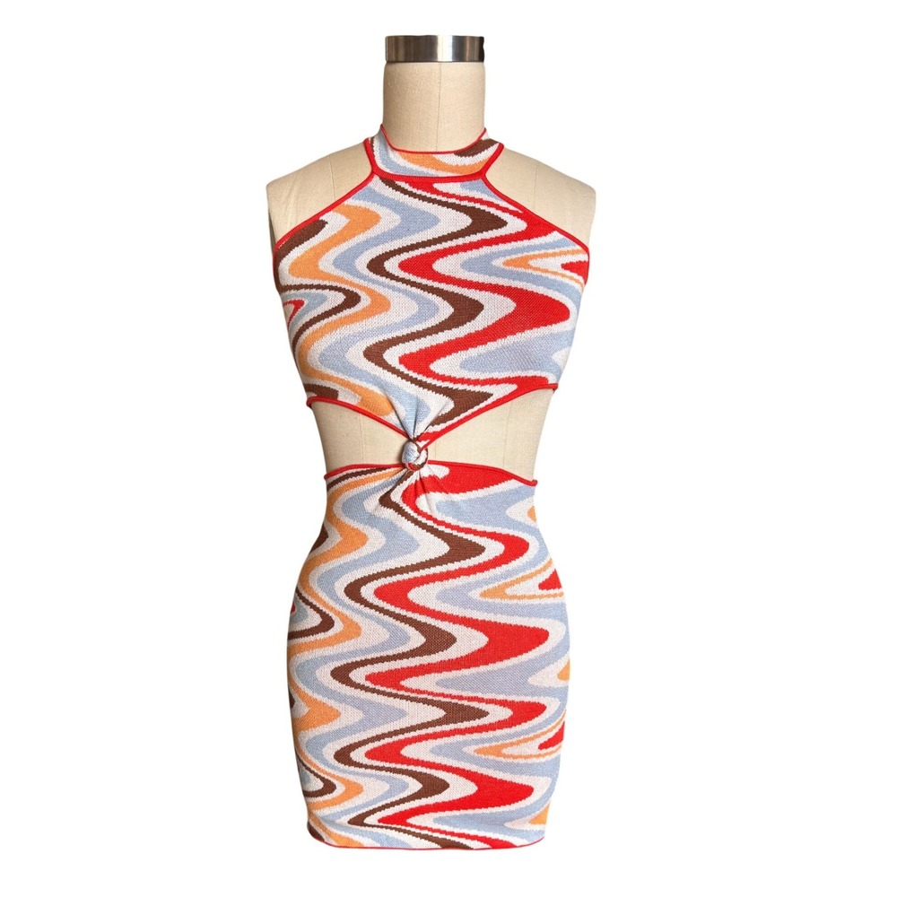 Princess Polly Mini Dress Women XS/S Multi Color Retro Wavy Knit Cutout Halter - Picture 3 of 11